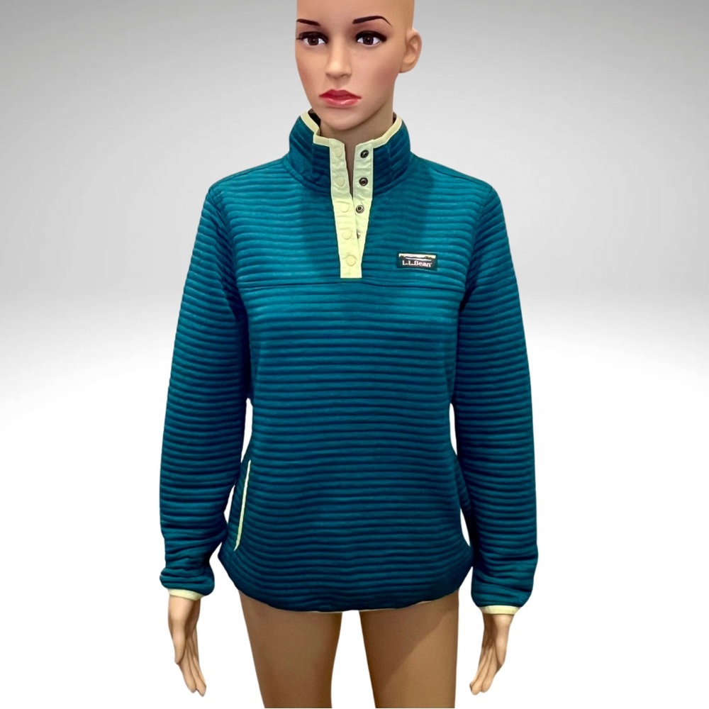 LL Bean Airlight Knit Pullover Quilted Teal Green Womens S Reg Moisture Wicking